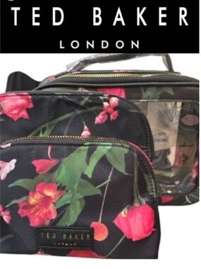 Ted Baker NWT 3 Piece Cosmetic Bags Pouch Set Black Floral $75 Retail